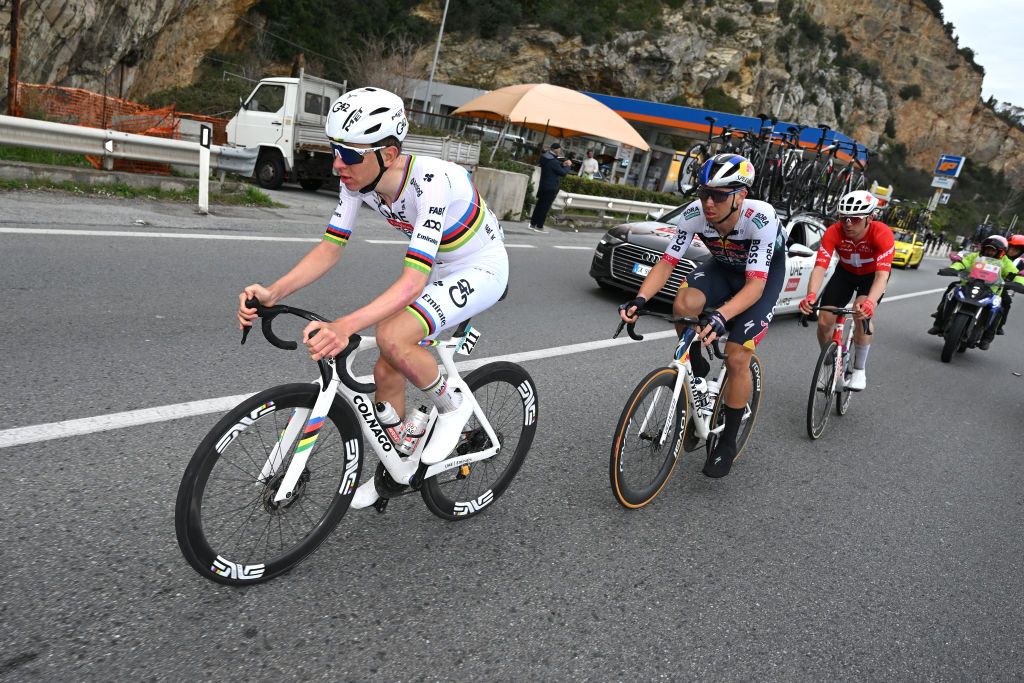 SANREMO ITALY MARCH 22 LR Tadej Pogacar of Slovenia and Team UAE Team Emirates Filip Maciejuk of Poland and Team Red Bull BORA Hansgrohe and Mauro Schmid of Switzerland and Team Jayco AlUla compete during the 116th MilanoSanremo 2025 a 289km one day race from Pavia to Sanremo UCIWT on March 22 2025 in Sanremo Italy Photo by Dario BelingheriGetty Images