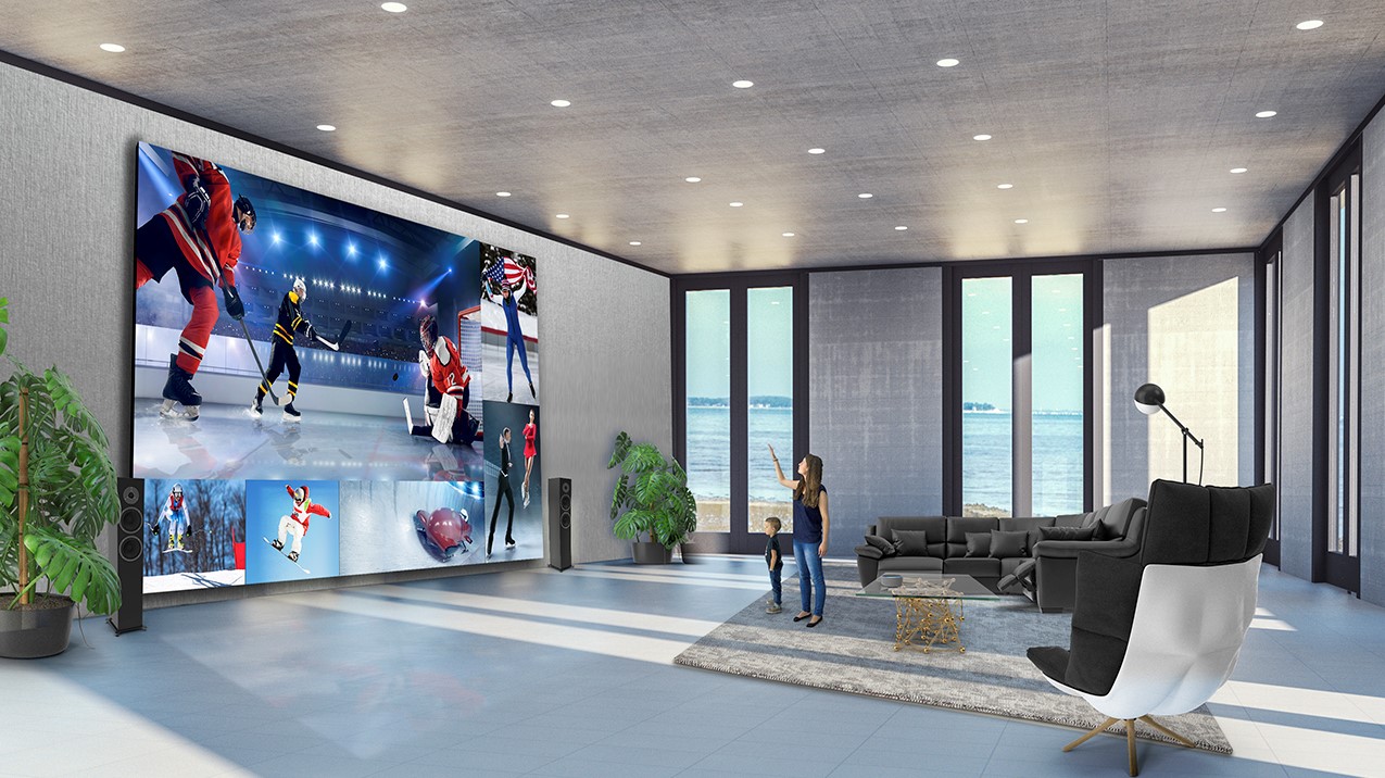 A rendered image of a massive TV in a living room.