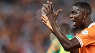 Ivory Coast's defender #2 Ousmane Diomande reacts during the Africa Cup of Nations (CAN) 2024 group A football match between Ivory Coast and Guinea-Bissau at the Alassane Ouattara Olympic Stadium in Ebimpe, Abidjan, on January 13, 2024. (Photo by FRANCK FIFE / AFP) (Photo by FRANCK FIFE/AFP via Getty Images)