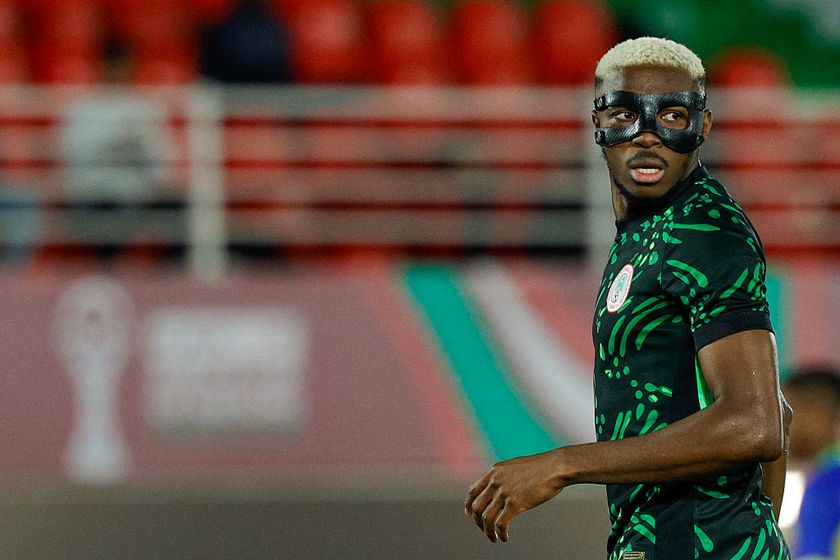 Nigeria's forward #09 Victor Osimhen looks on during the Africa Cup of Nations (CAN) Group C football match between Nigeria and Tanzania at Fez Stadium in Fes on December 23, 2025. (Photo by Abdel Majid BZIOUAT / AFP)