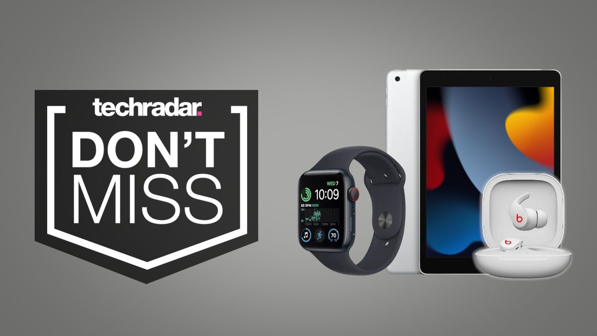 iPad 10.2, Apple Watch SE, Beats Fit Pro on grey background