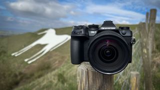 OM System OM-1 Mark II in front of the White Horse, Westbury, England