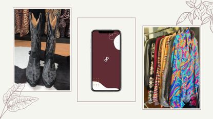 Three side-by-side images of a pair of black cowboy boots on the far left, an iPhone with the Poshmark logo screen in the middle, and a resale vintage clothing on a clothes rack on the far right showing what to sell on Poshmark. 
