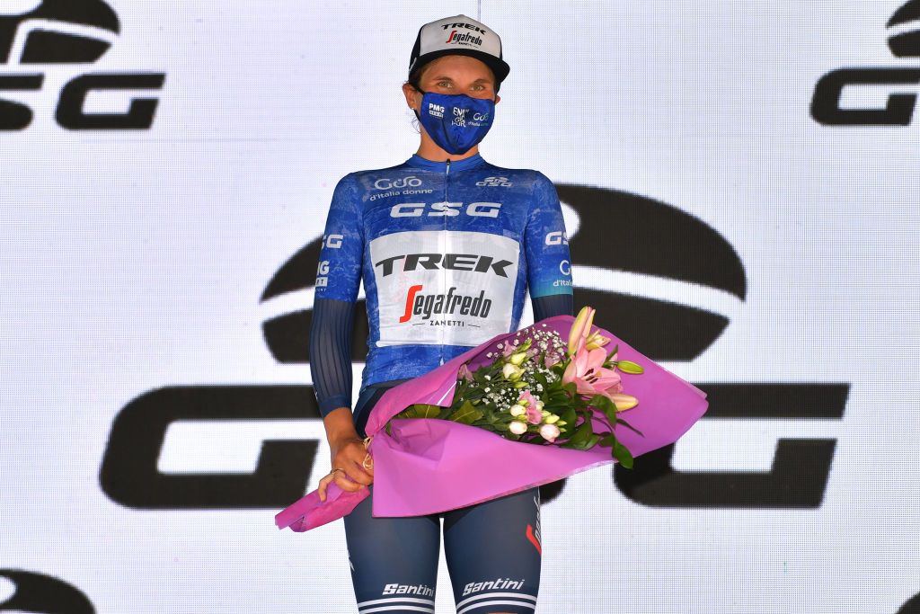 CUNEO ITALY JULY 02 Elisa Longo Borghini of Italy and Team Trek Segafredo Blue best Italian rider jersey celebrates at podium during the 32nd Giro dItalia Internazionale Femminile 2021 Stage 1 a 267 Team Time Trial stage from Fossano to Cuneo 540m TTT GiroDonne UCIWWT on July 02 2021 in Cuneo Italy Photo by Luc ClaessenGetty Images