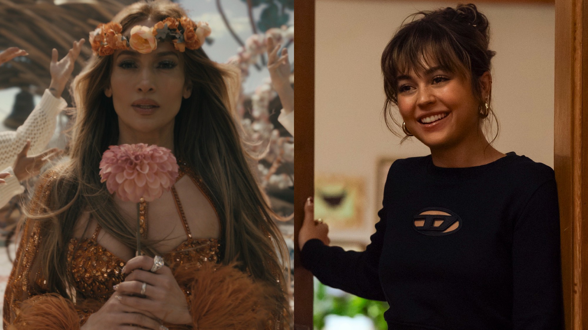From left to right: Jennifer Lopez holding a flower in This Is Me...Now and Mika Abdalla in Off Campus. 