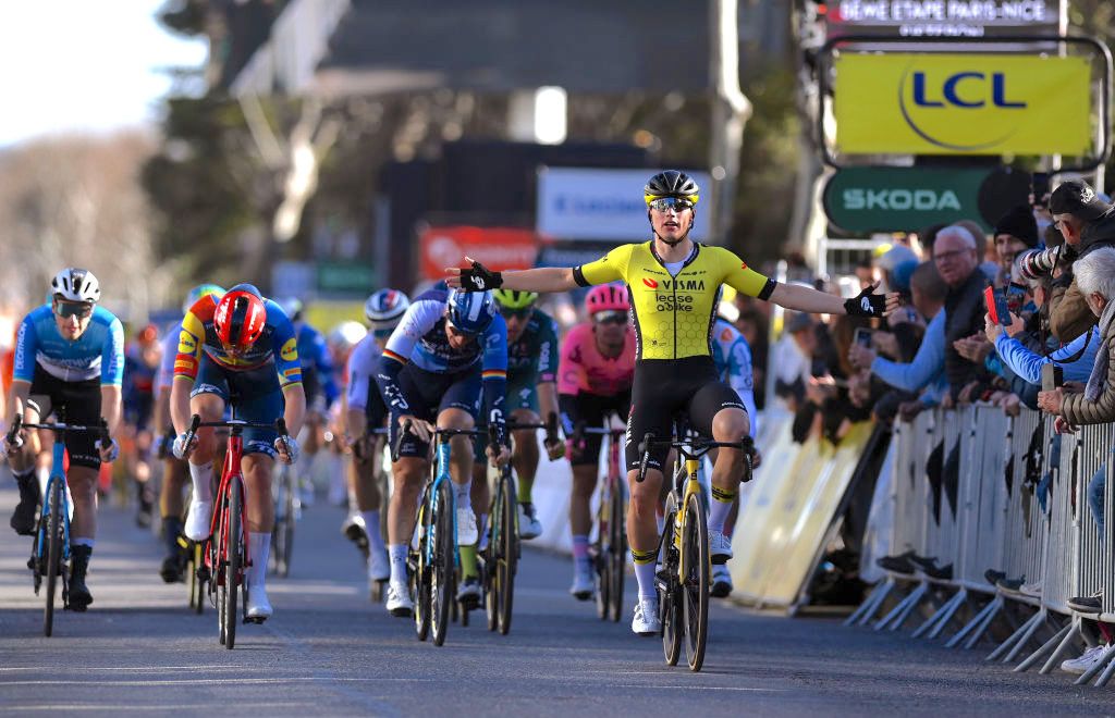 SISTERON,FRANCE - MARCH 07: Olav Kooij of The Netherlands and Team Visma | Lease a Bike celebrates at finish line as stage winner during the 82nd Paris - Nice 2024, Stage 5 a 193.5km stage from Saint-Sauveur-de-Montagut to Sisteron / #UCIWT / on March 07, 2024 in Sisteron, France. (Photo by Alex Broadway/Getty Images)