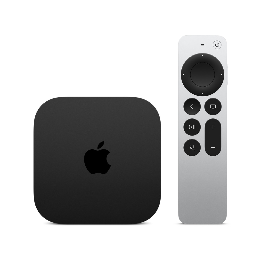 apple tv 4k and siri voice remote on a white background