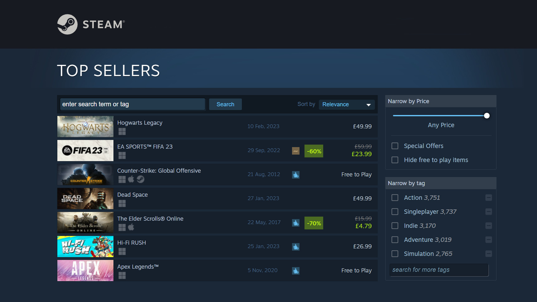 Tabela de vendas mais vendidas do Steam em 26 de janeiro de 2023