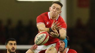 Wales&#039; full-back Josh Adams (2R) misses a catch during the Autumn Nations Series International rugby union match ahead of this weekend&#039;s Wales vs Fiji live stream