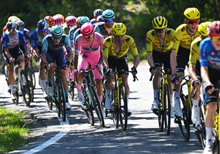 NOVI LIGURE, ITALY - MAY 21: Afonso Eulalio of Portugal and Team Bahrain - Victorious - Pink Leader Jersey competes during the 109th Giro d'Italia 2026, Stage 12 a 175km stage from Imperia to Novi Ligure / #UCIWT / on May 21, 2026 in Novi Ligure, Italy. (Photo by Tim de Waele/Getty Images)