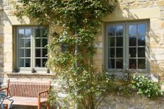 Timber windows painted and on an old home with plants growing up it