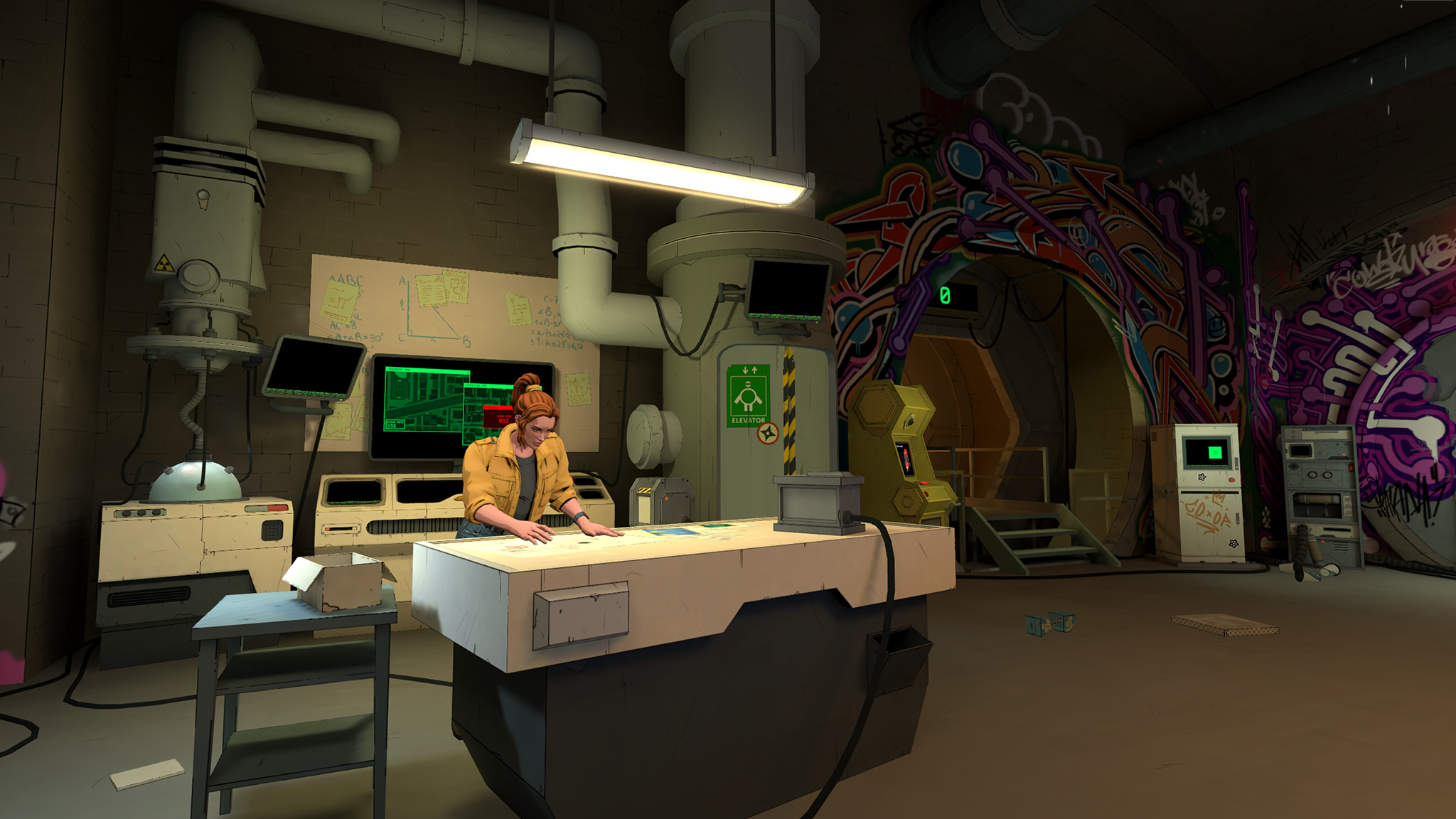 An official screenshot of TMNT: Empire City for the Meta Quest 3, showing April O'Neal in the Turtles' lair