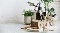 Eco-friendly bathroom accessories: toothbrushes, reusable cotton make up removal pads, make up remover and body lotion in glass containers, natural brushes, handmade soap and house plants against white wall.