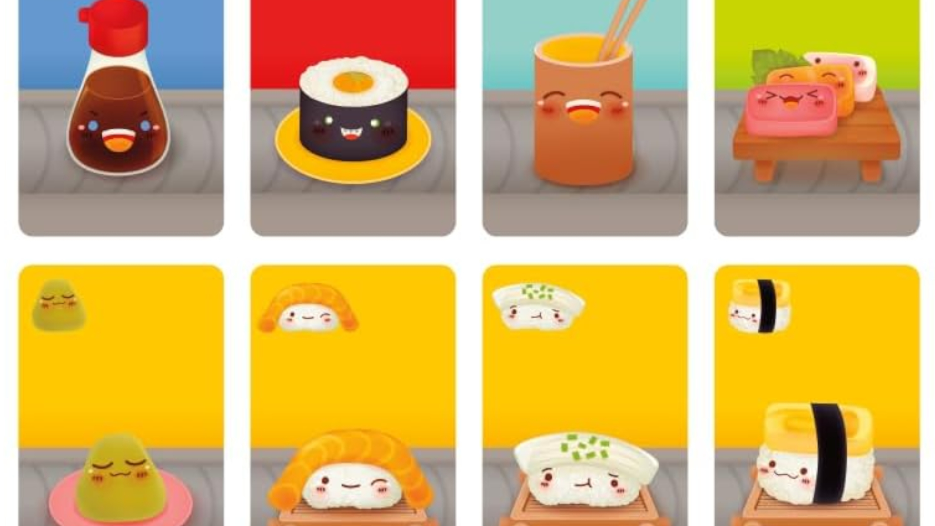 Sushi Go cards on a plain background, in rows