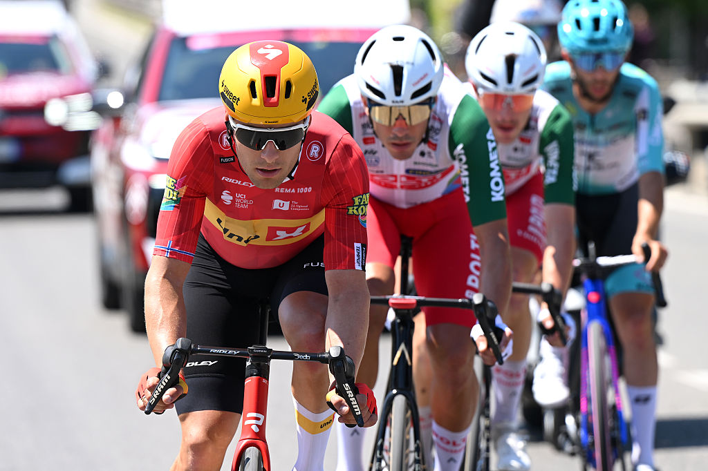 The breakaway during the 109th Giro d'Italia 2026, Stage 15 a 157km stage from Voghera to Milan / #UCIWT / on May 24, 2026 in Milan, Italy. (Photo by Dario Belingheri/Getty Images)