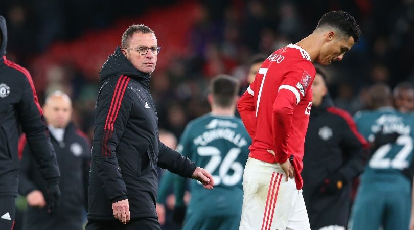 Ralf Rangnick and Cristiano Ronaldo leave the pitch after Manchester United&#039;s loss to Middlesbrough on penalties in the FA Cup.