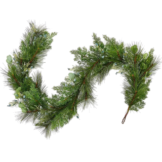 A euaclyptus and pine garland with silver Christmas ornaments and pinecones