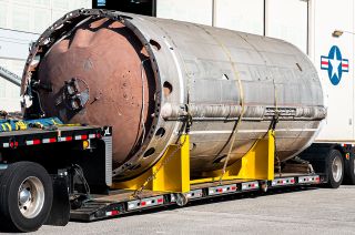 A 27-foot-long (8 meters) segment of the Titan II rocket that launched NASA's Gemini 5 mission in 1965 and became the first U.S. rocket stage to be recovered intact was delivered to the Cape Canaveral Space Force Museum in Florida for its preservation and display on Thursday, Jan. 19, 2023.