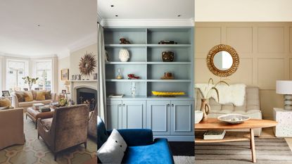 Living room, beige armchairs and sofa / Living room detail with fitted light grey cabinet in alcove. / A warm beige living room with a small round ,irror on the wall above the sofa, a long, oval coffee table and a small white side table with lamp