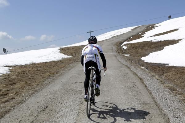Cadel Evans heads toward the steepest section.