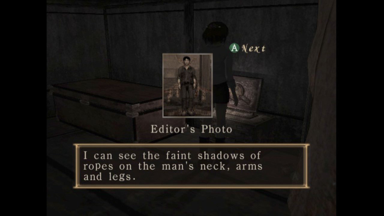 Investigating a photo of a mag editor in Fatal Frame (AKA Project Zero)&#039;s Xbox version who has been cursed with rope