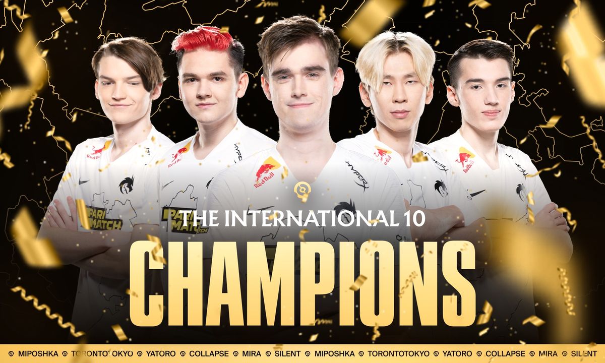 Team Spirit, champions of the Dota 2 International 2021: Miposhka, Torontotokyo, Yatoro, Collapse, Mira, and Silent