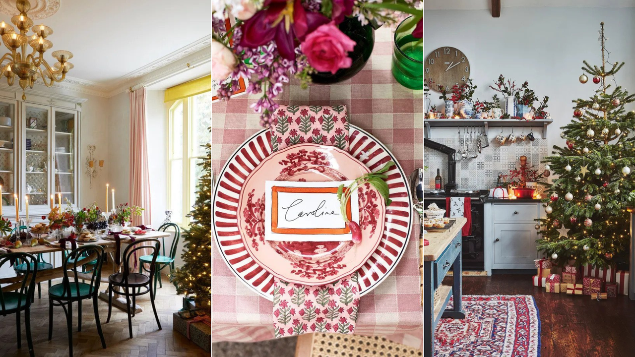 three image split of festive tableware and decorations