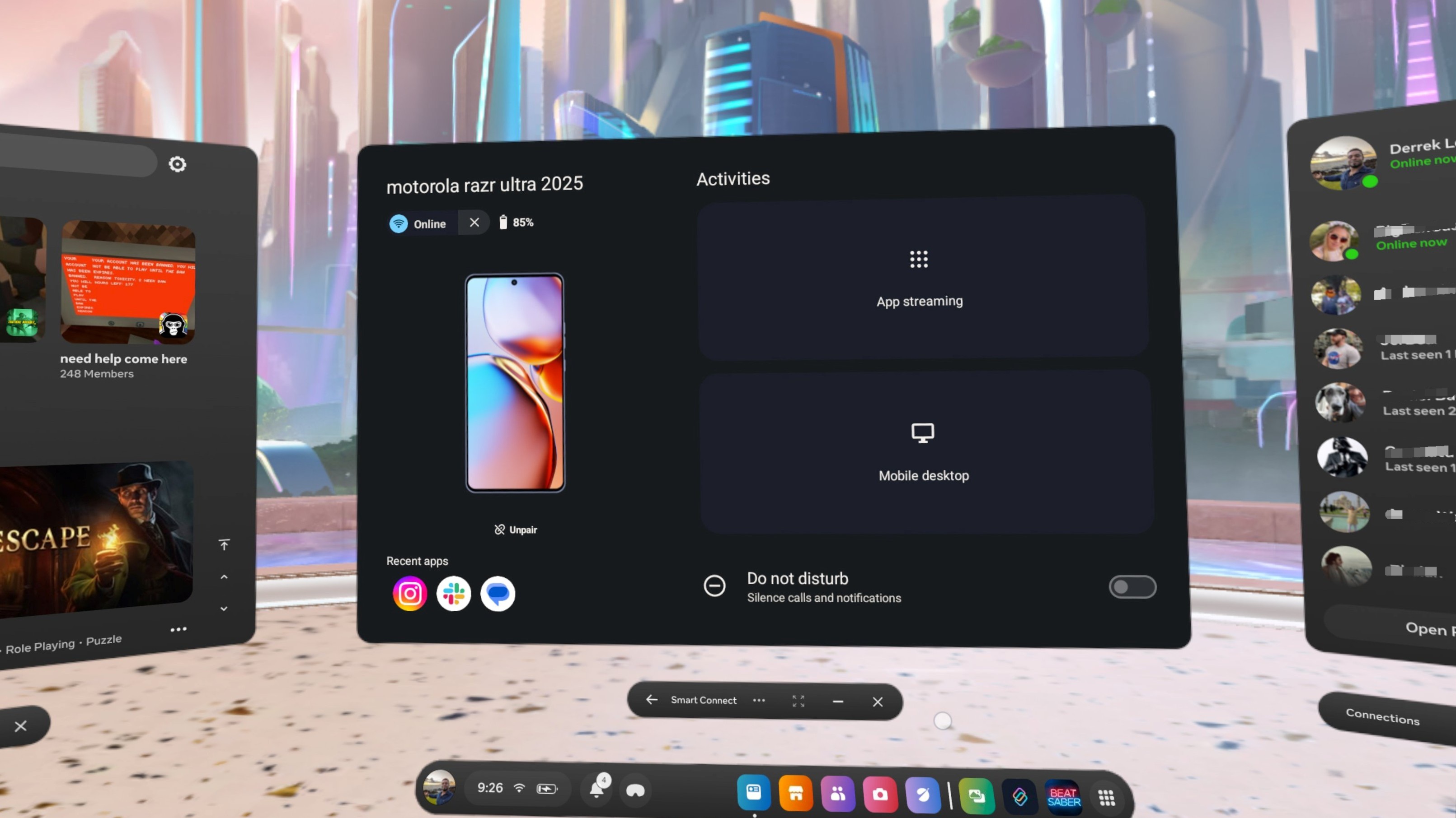 App streaming and mobile desktop on Smart Connect on the Quest 3