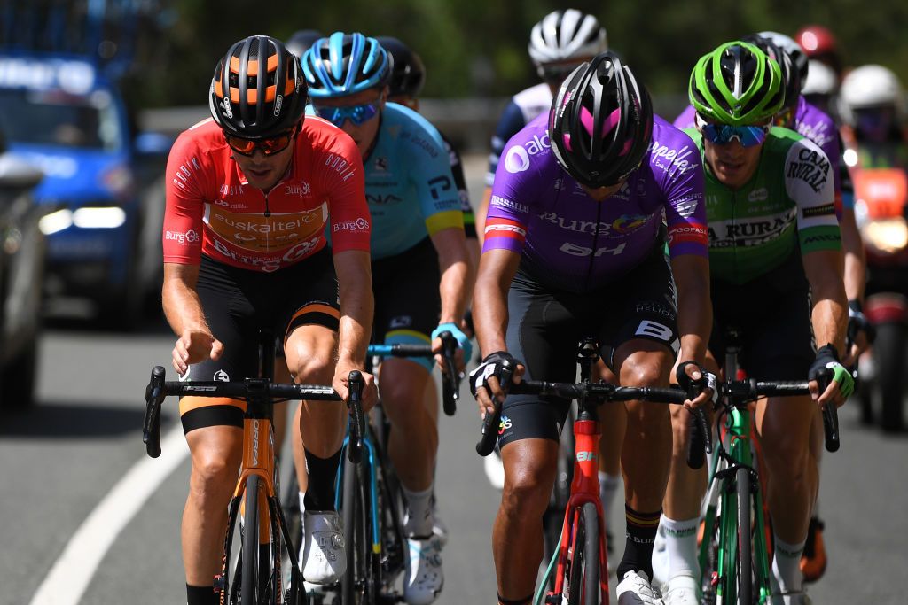 ESPINOSA DE LOS MONTEROS SPAIN JULY 30 Gotzon Martin Sanz of Spain and Team EuskaltelEuskadi Red Mountain Jersey Jetse Bol of The Netherlands and Team BurgosBH during the 42nd Vuelta a Burgos 2020 Stage 3 a 150km stage from Sargentes de la Lora to Espinosa de los Monteros Picn Blanco 1486m VueltaBurgos on July 30 2020 in Espinosa de Los Monteros Spain Photo by David RamosGetty Images