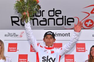 Egan Arley Bernal (Team Sky) in the white jersey for best young rider after stage 1 in Romandie