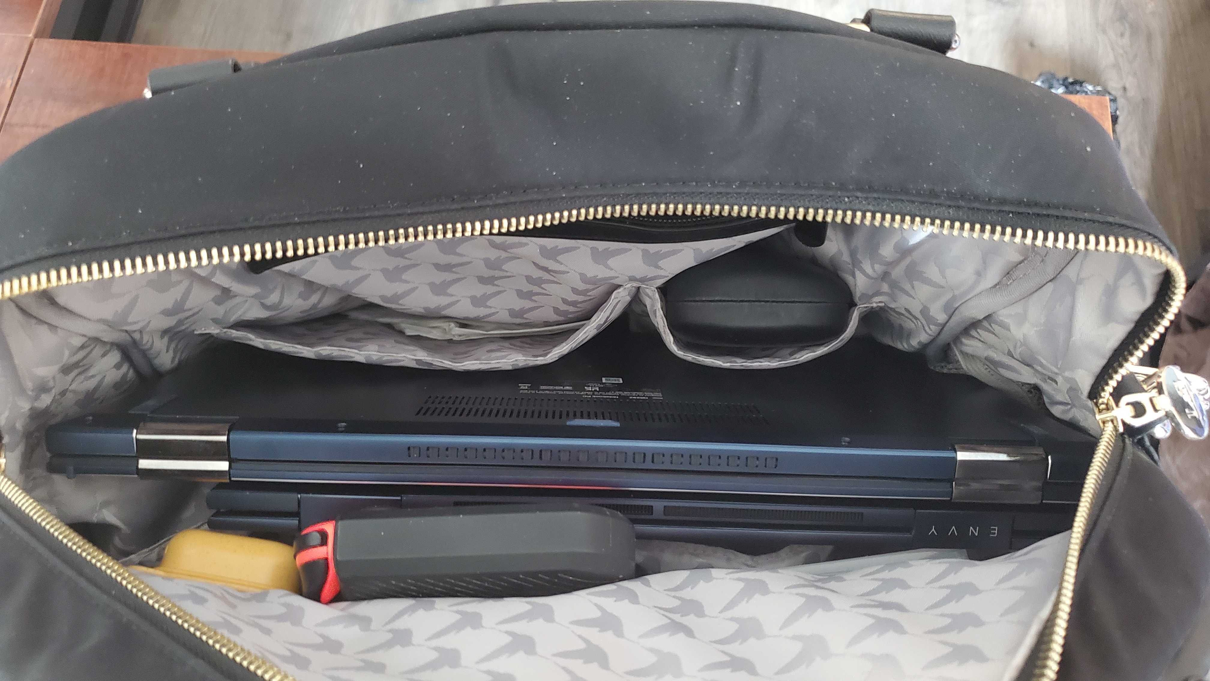 closeup of a black overnight bag's insides