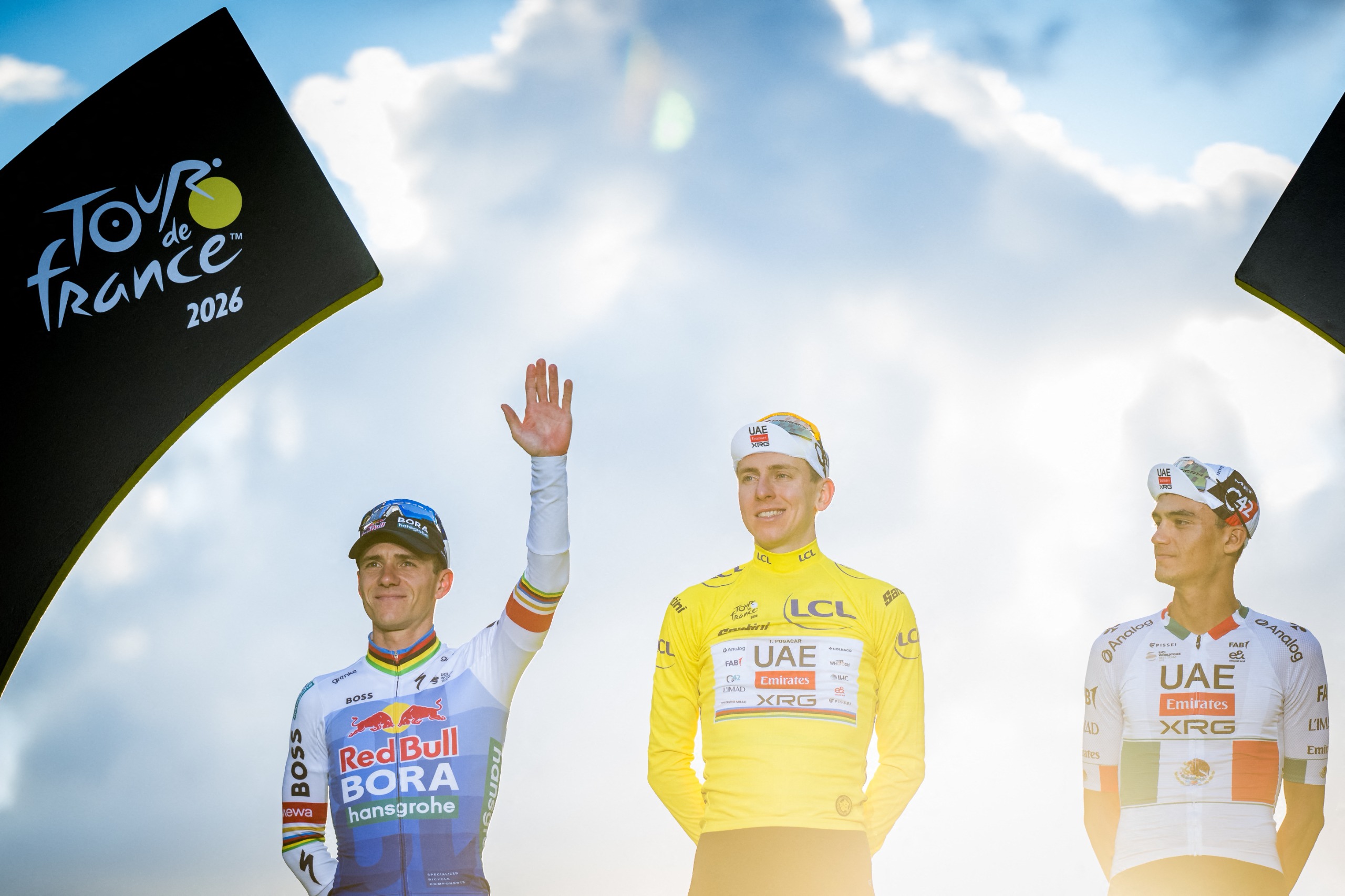 Remco Evenepoel, Tadej Poga&amp;#269;ar and Isaac del Toro on the Tour de France podium