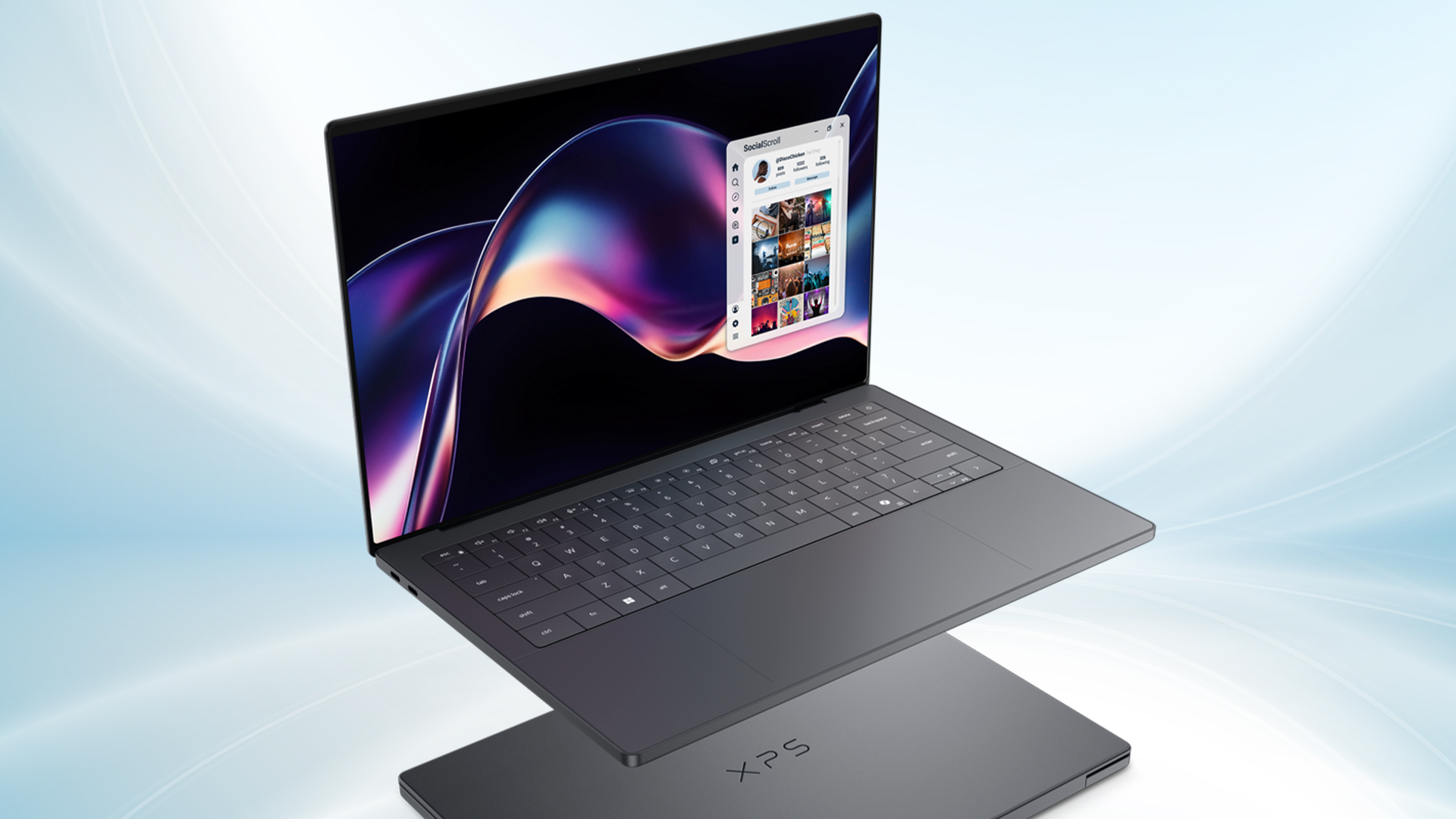 A sleek laptop with a glowing screen displaying a media app, floating above its closed base against a light blue abstract background, conveys modernity.
