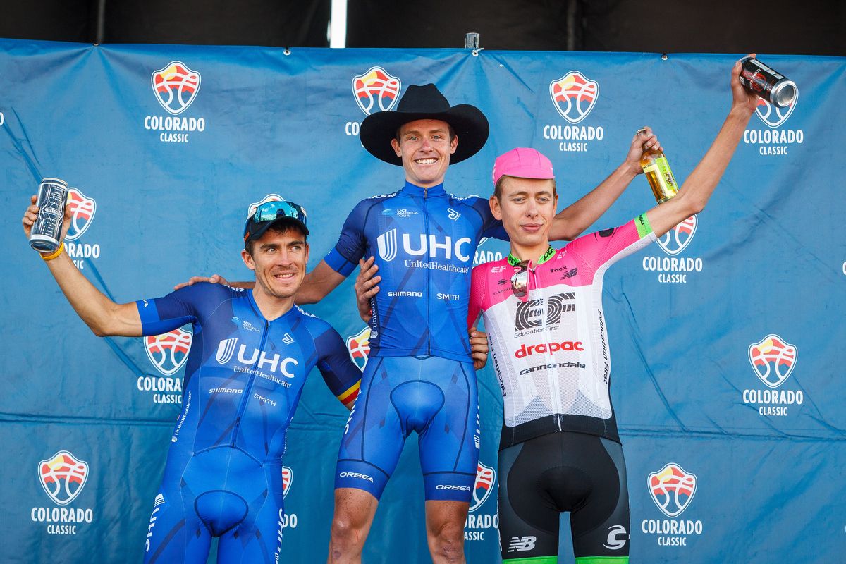 The final podium of Serghei Tvetcov, Gavin Mannion, and Hugh Carthy (L-R)