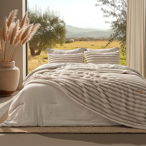 Bedsure Gentlesoft 2-In-1 Queen Comforter Set and Detachable Fluffy Blanket, Beige Bedding Set for All Season Use, Snaptech Design for Space Saving (includes 2 Pillow Shams, 2 Pillowcases)