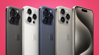 iPhone 15 Pro lineup on pink background