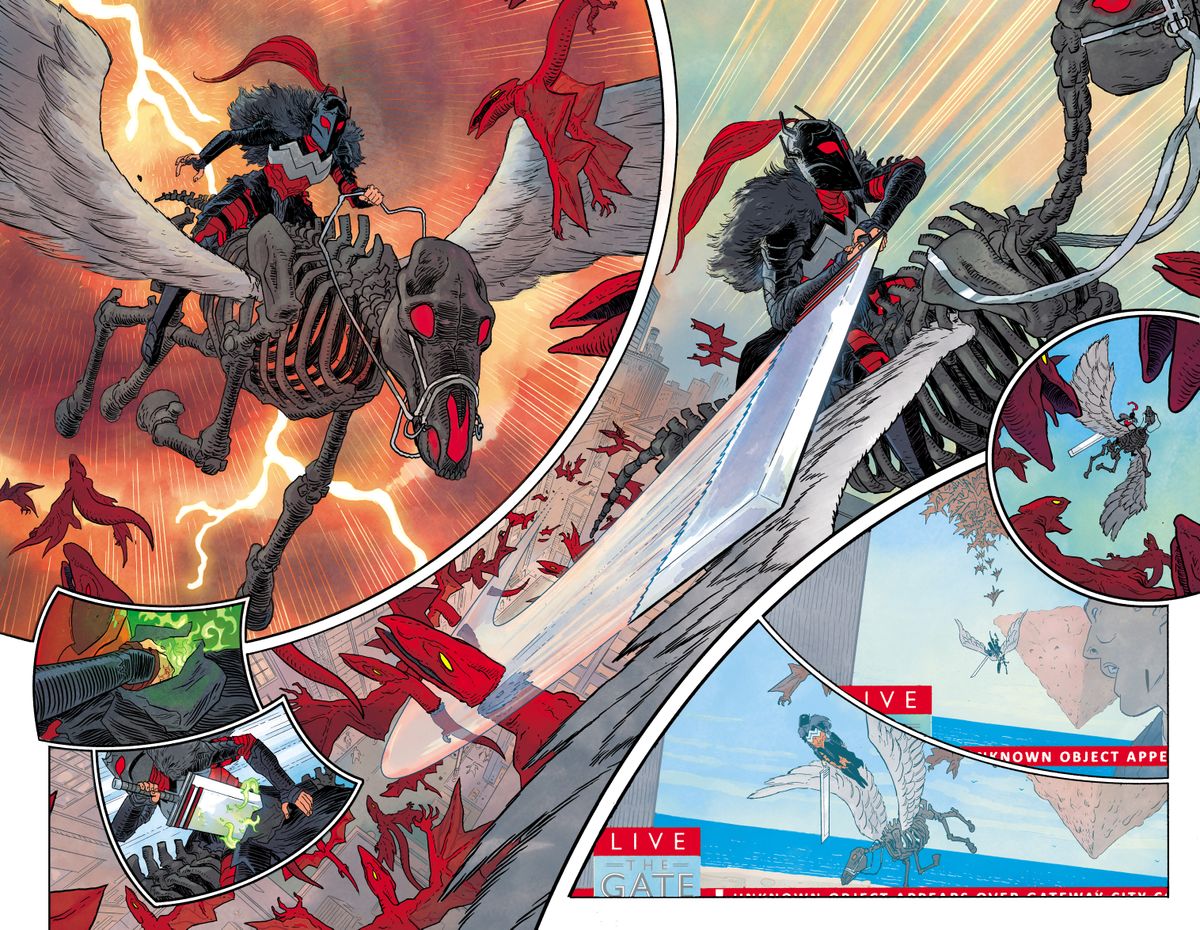 Hayden Sherman's interior art from Absolute Wonder Woman #1 showing Diana riding into battle on a skeletal pegasus.