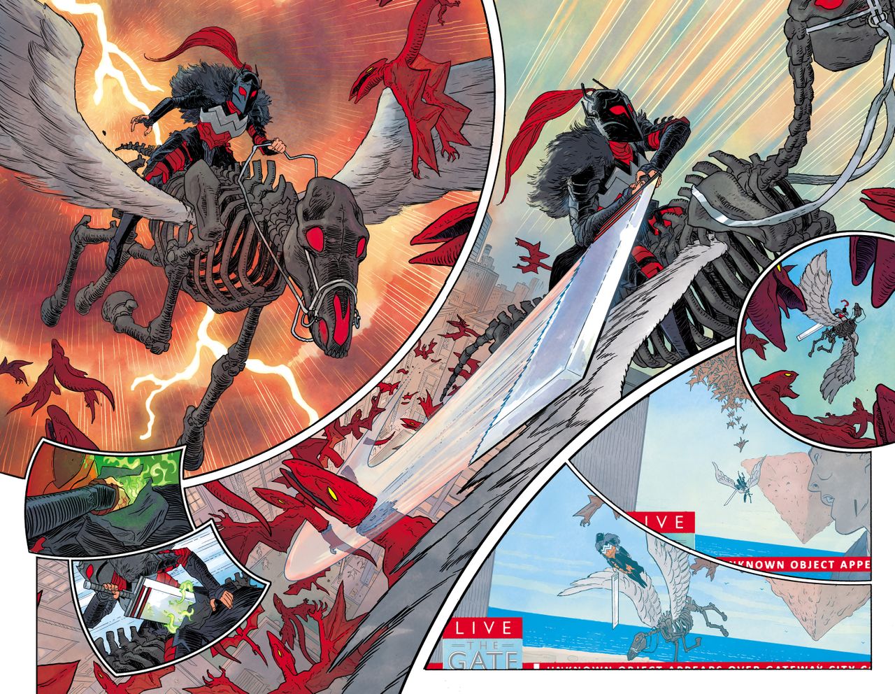Hayden Sherman's interior art from Absolute Wonder Woman #1 showing Diana riding into battle on a skeletal pegasus.