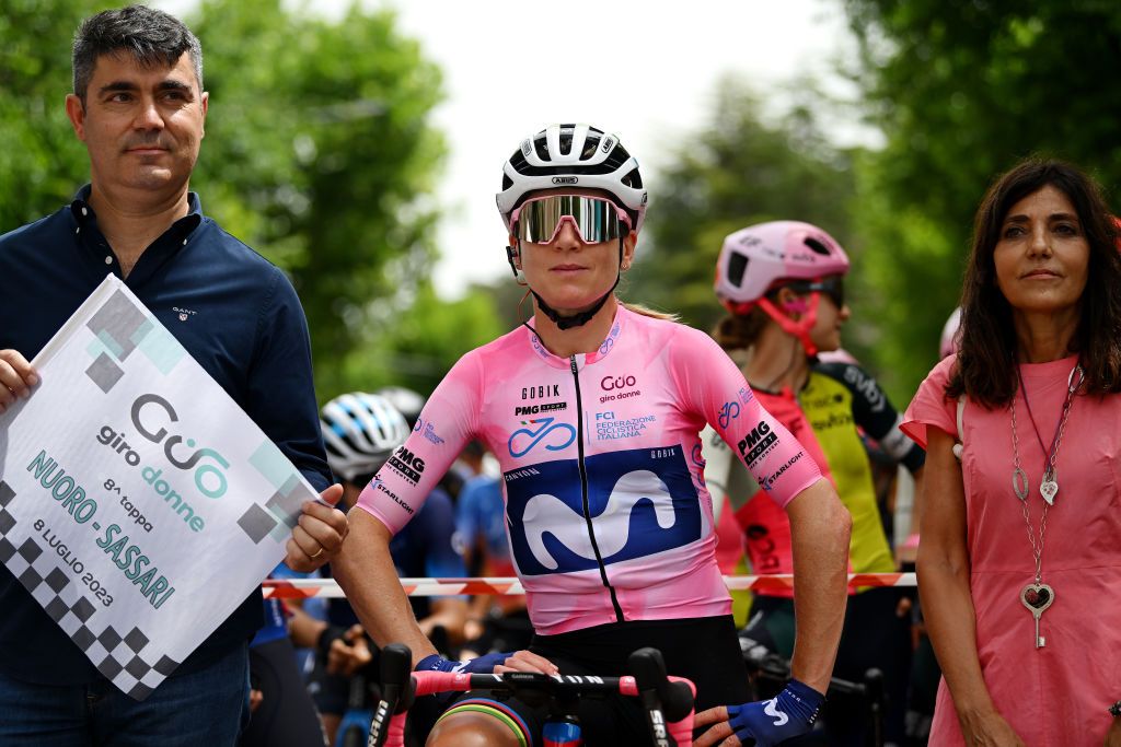 NUORO ITALY JULY 08 Annemiek Van Vleuten of The Netherlands and Movistar Team Pink Leader Jersey prior to the 34th Giro dItalia Donne 2023 Stage 8 a 1257km stage from Nuoro to Sassari UCIWWT on July 08 2023 in Nuoro Italy Photo by Dario BelingheriGetty Images