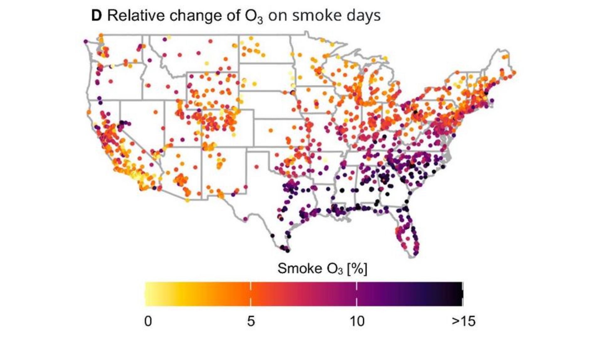 A diagram showing a map of the U.S. A bar at the bottom shows yellow (left) represents 0% ozone from smoke and purple (right) represents more than 15%. Purple dots are mostly toward southeast U.S.