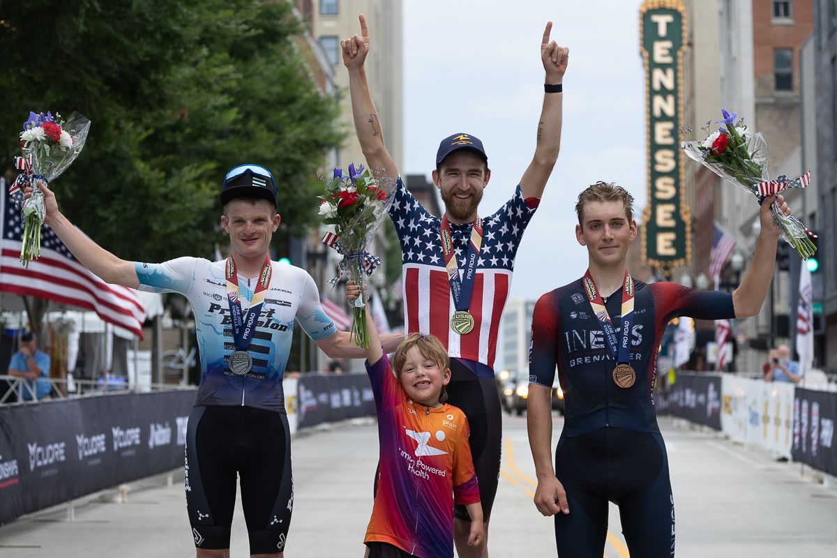 Pro men's podium: Kyle Murphy (Human Powered Health) in 1st, Tyler Stites (Project Echelon Racing) in 2nd, and Magnus Sheffield (INEOS Greniders) in 3rd