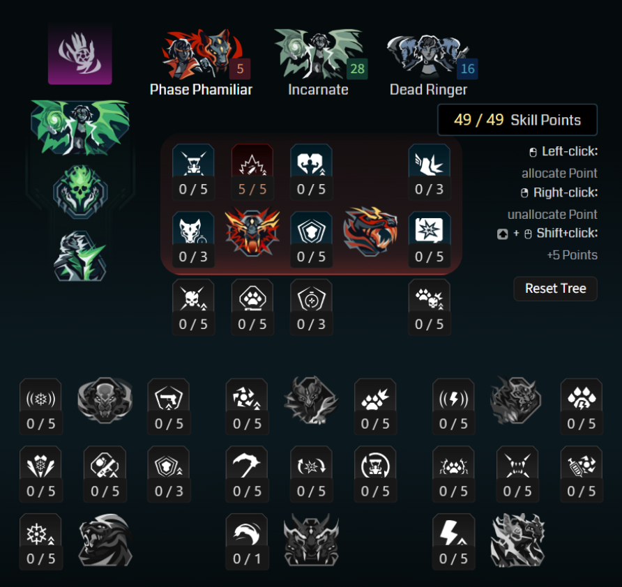 Borderlands 4 Vex builds: A screenshot of Vex's Here Comes Trouble tree for her Infinite Bleed build from Maxroll's builder.