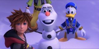 Sora, Donald, and Olaf in Kingdom Hearts III