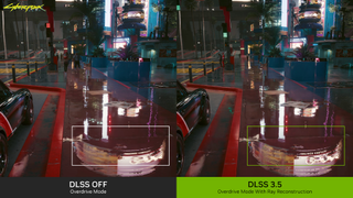 Image of Cyberpunk 2077 showcasing the difference between DLSS 3.5 off and on with Ray Reconstruction.