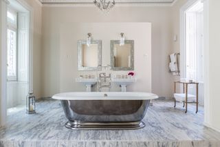Marble floor, metal bath base