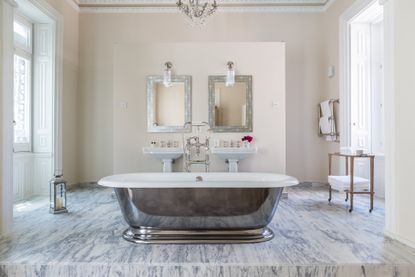 Marble floor, metal bath base