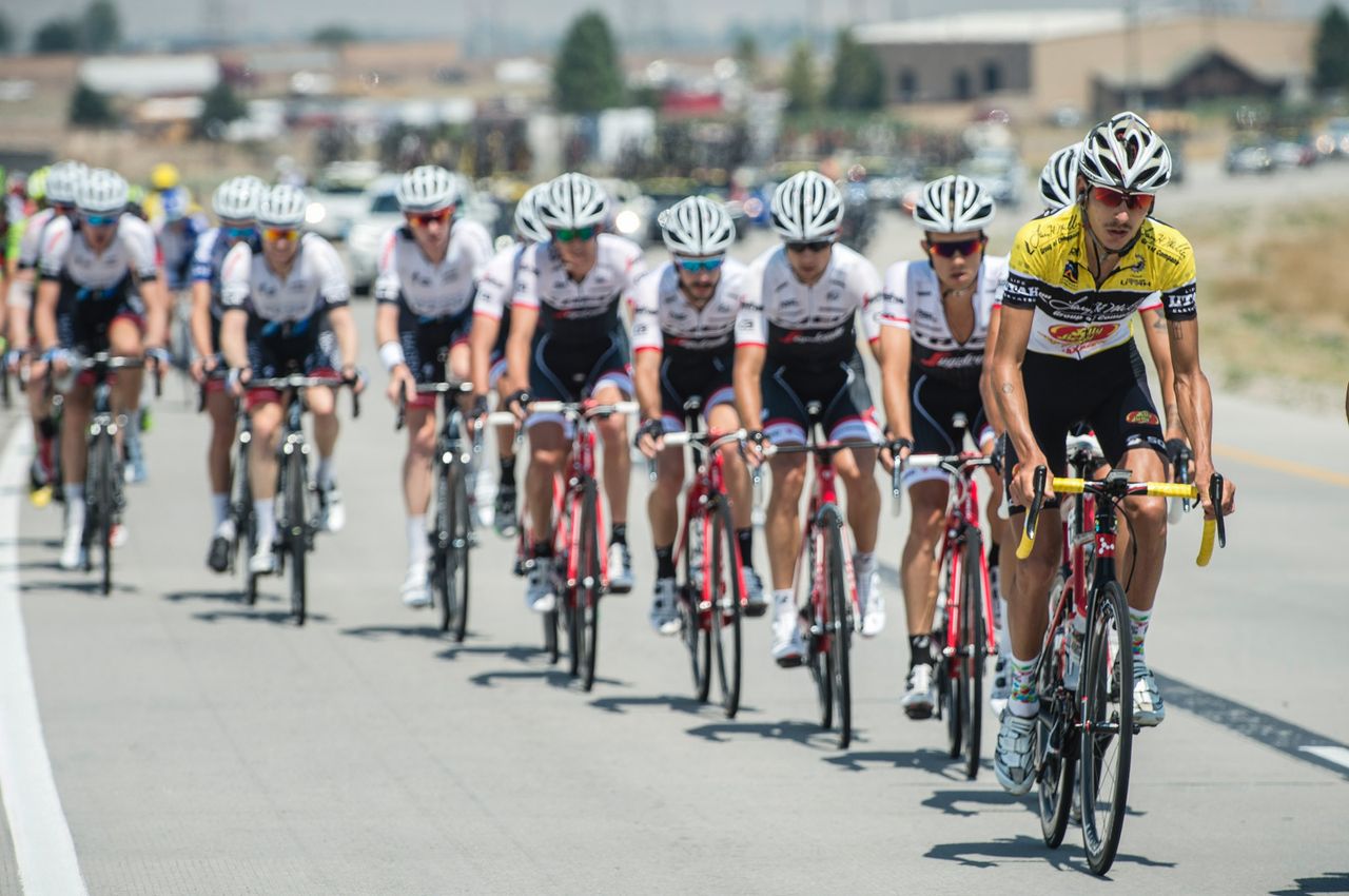 Race leader Lachlan Morton (Jelly Belly) in the yellow jersey