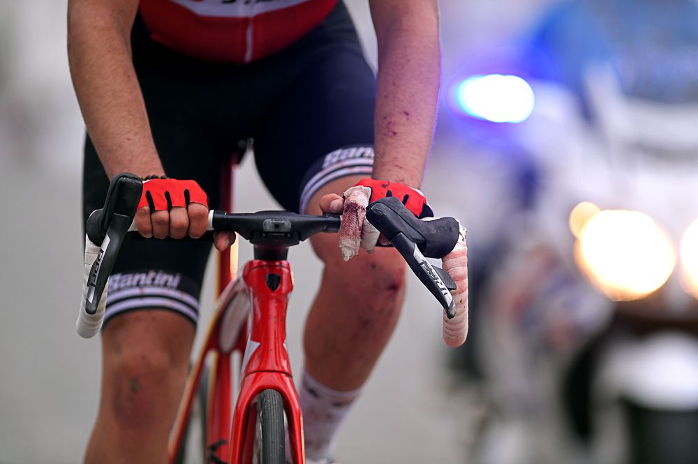 Matteo Moschetti's bike shows the damage from a crash at Nokere Koerse