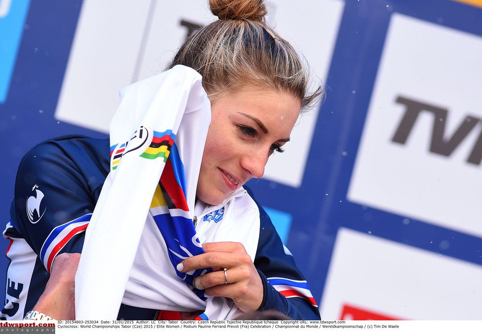 Pauline Ferrand-Pr&eacute;vot puts on her second rainbow jersey in four months
