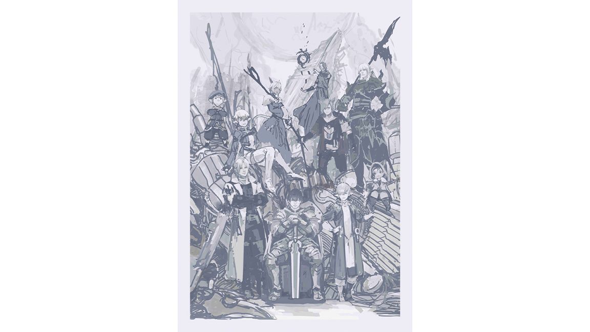 Multiple characters from FF XIV stand together in a sketch